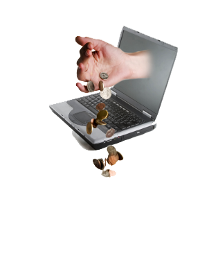 ภาพมือโปรยเหรียญเงิน ออกมาจาก laptop